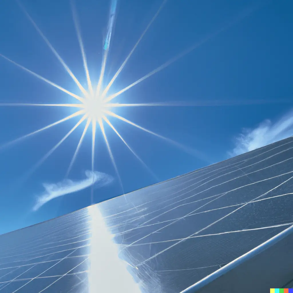 A brilliant sun high in the sky with its rays shining down onto a highly efficient solar installation.